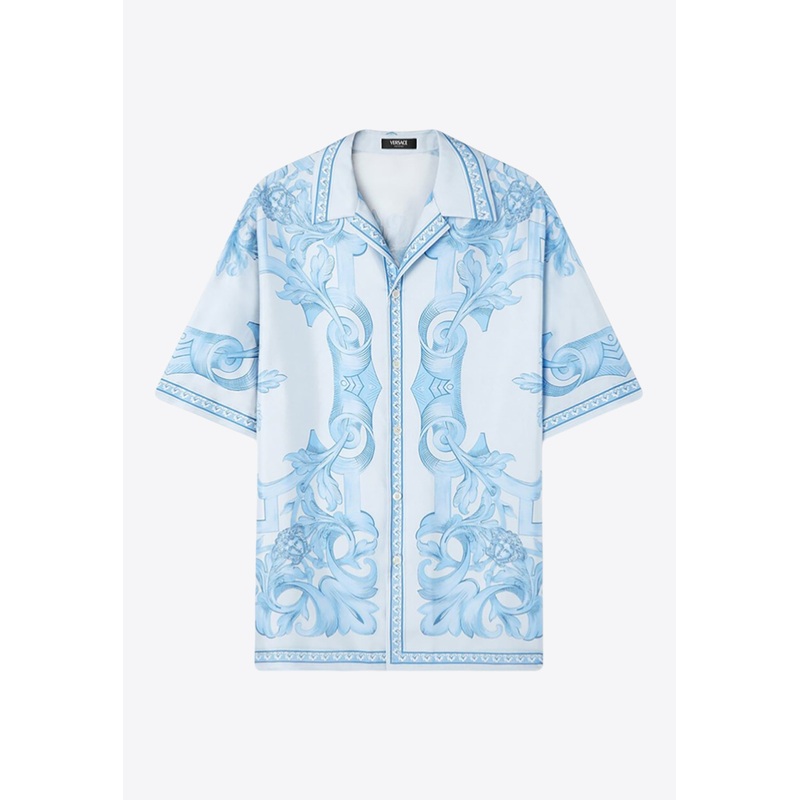 Architectural Baroque Short-Sleeved Silk Shirt Light Blue mrtwit_IT 50