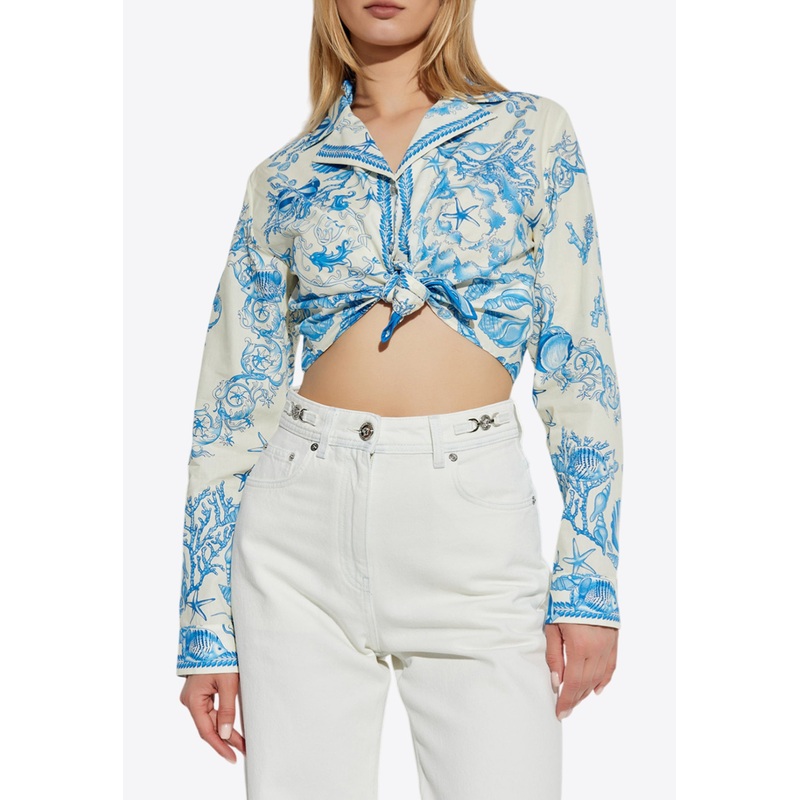 Underwater Barocco Print Knotted Shirt Blue wrtwit_IT 40