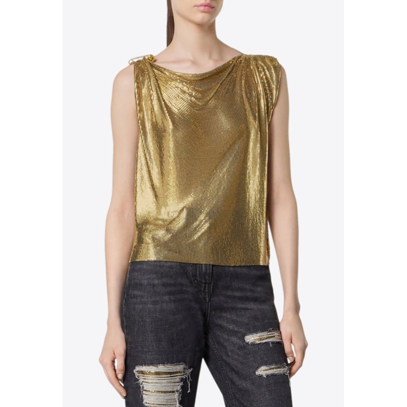 Safety Pin Metal Mesh Sleeveless Top Gold wrtwit_IT 38