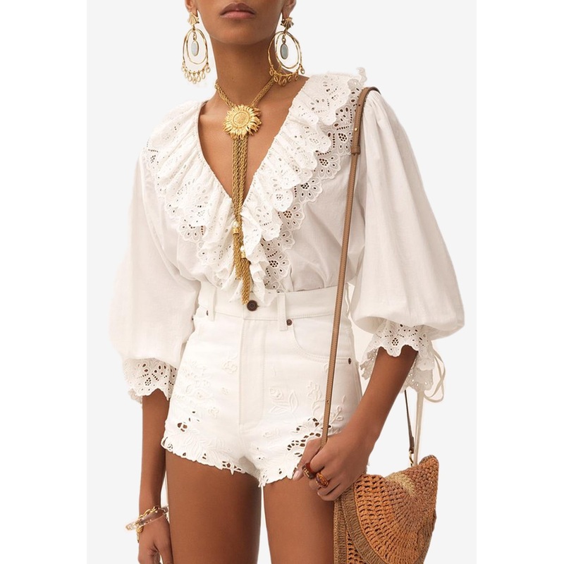 V-neck Ruffled Top White wrtwfr_FR 36