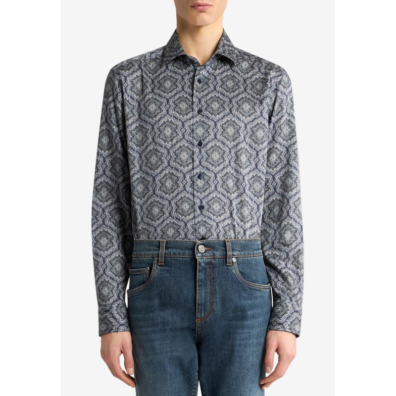 Abstract Print Button-Up Shirt Blue mrtwshirtseu_EU 39