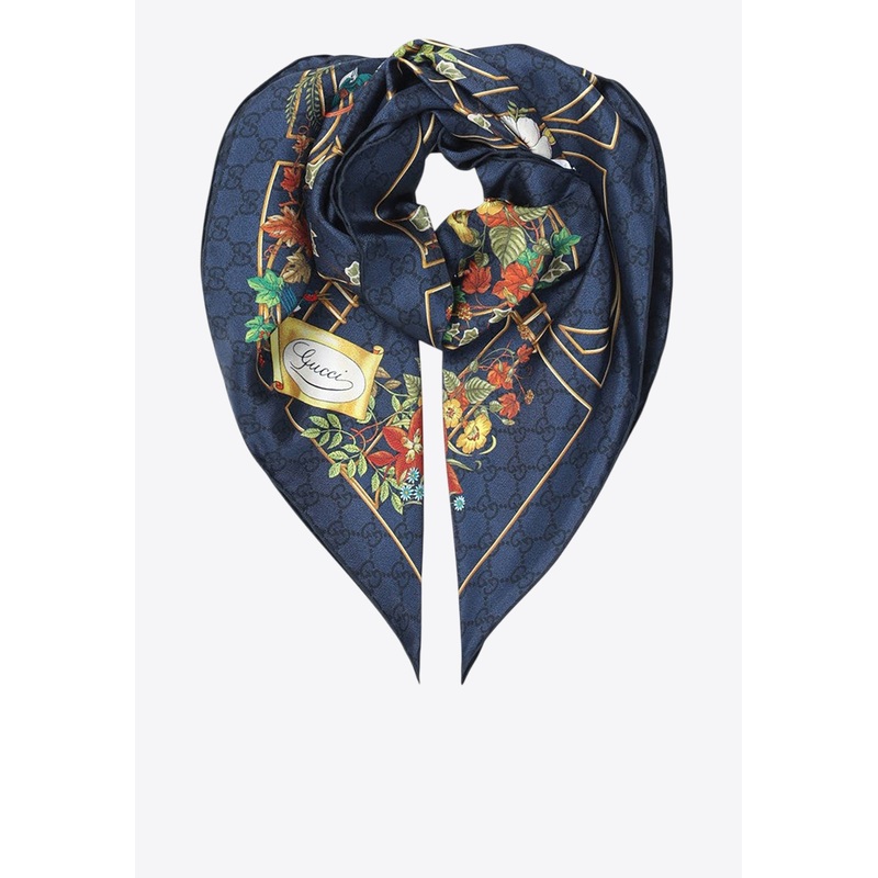 Floral Print Silk Scarf Blue Onesize