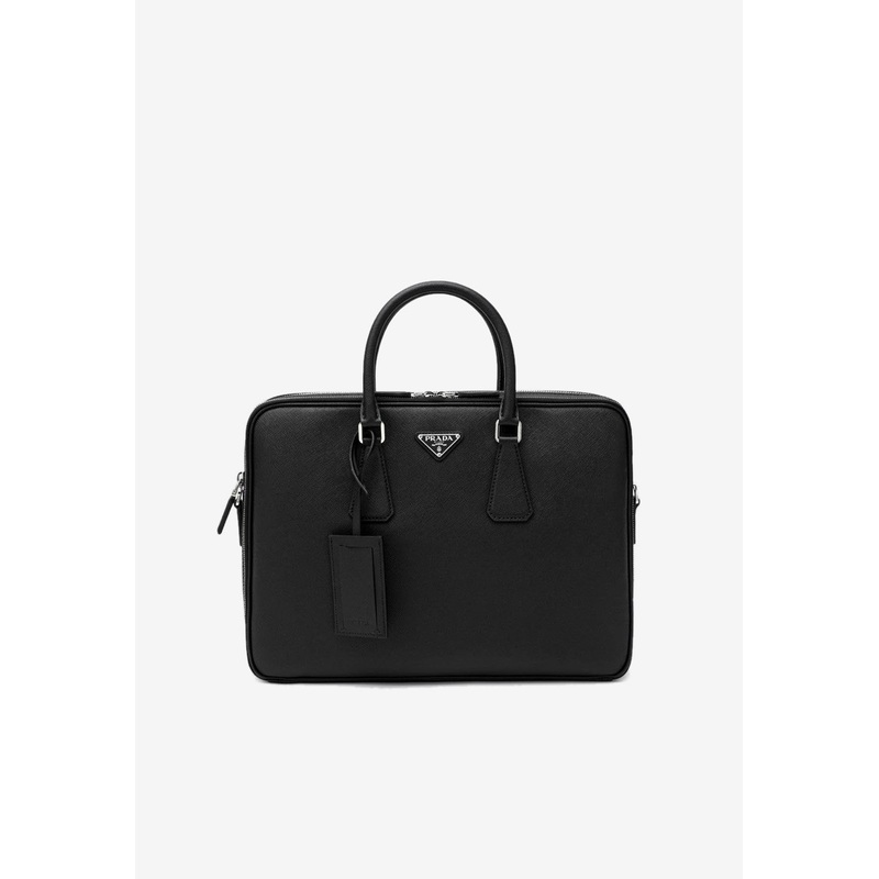 Triangle Logo Saffiano Leather Briefcase Black Onesize