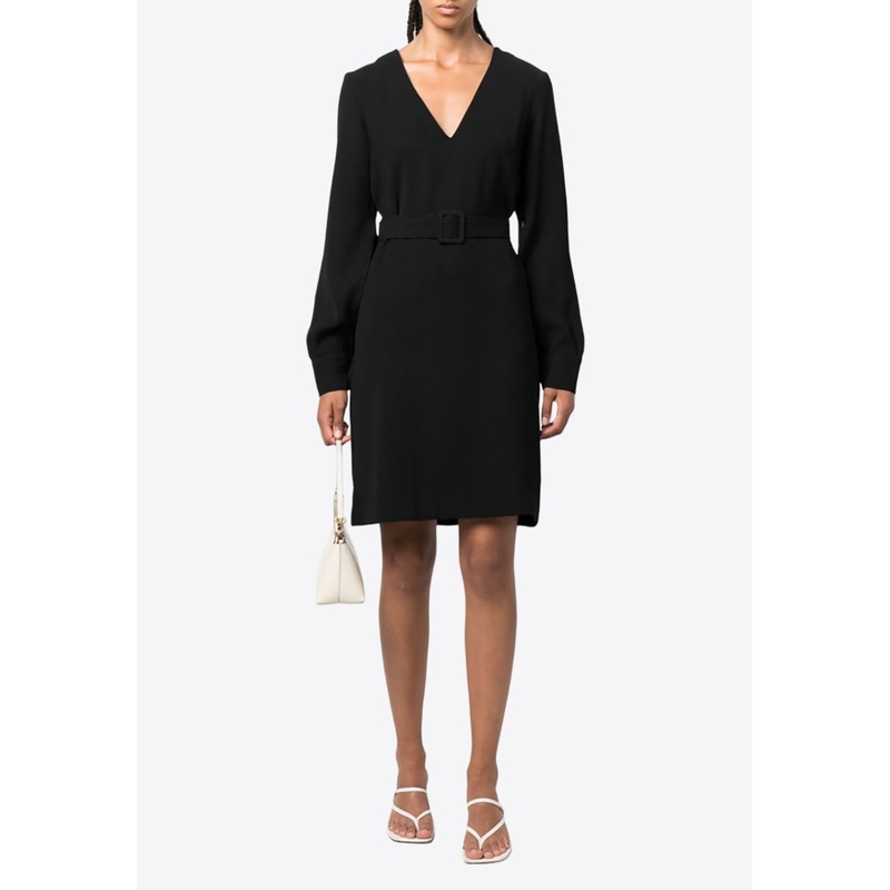 V-neck Belted Mini Dress Black wrtwstd_XS