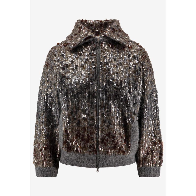 All-Over Sequins Mohair Zip-Up Cardigan Gray wrtwstd_S