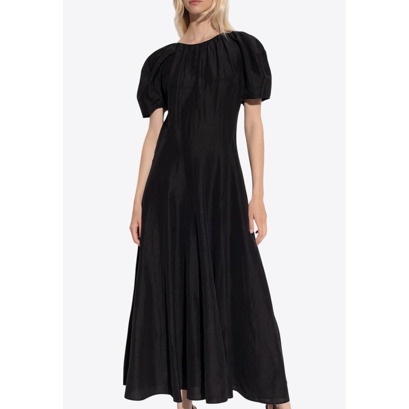Balloon-Sleeved Midi Linen Dress Black wrtwus_US 2