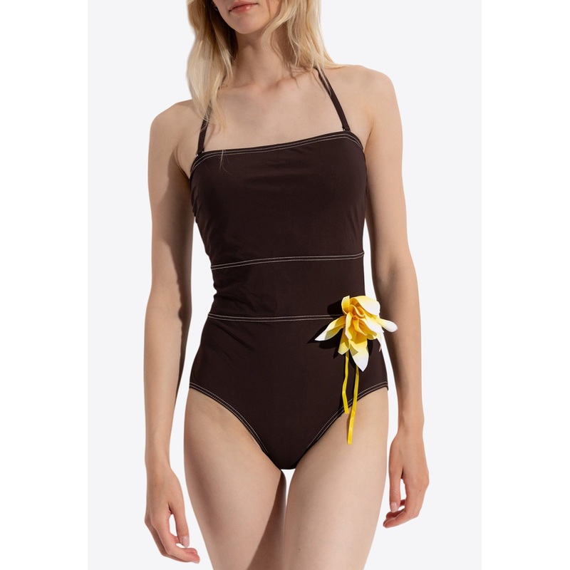 Flower Applique One-Piece Swimsuit Dark Brown wrtwstd_XS