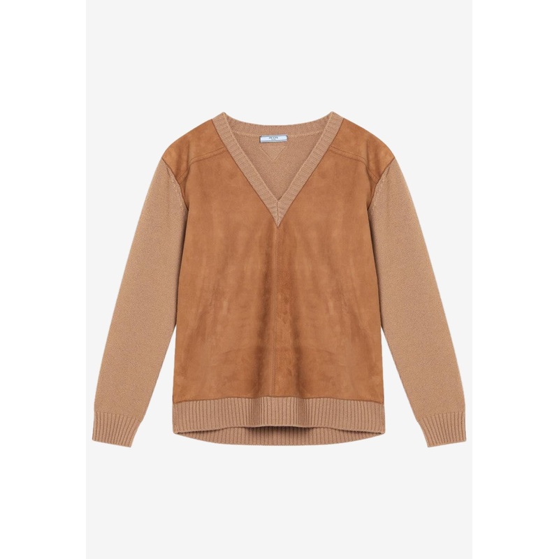 Wool and Suede V-neck Sweater Brown wrtwit_IT 38