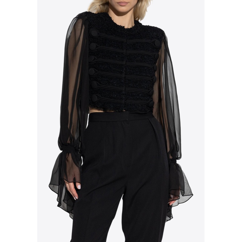 Tweed and Chiffon Cropped Top Black wrtwfr_FR 36