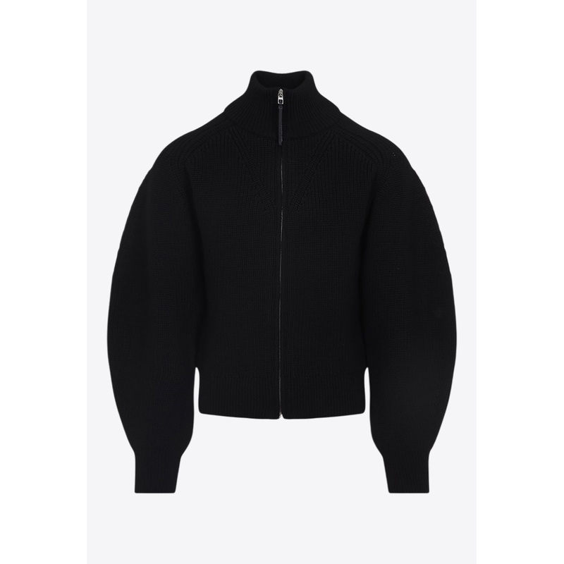 Balloon-Sleeved Zip-Up Cardigan Black mrtwstd_S