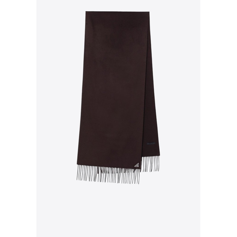 Triangle Logo Silk and Cashmere Fringed Scarf Brown Onesize