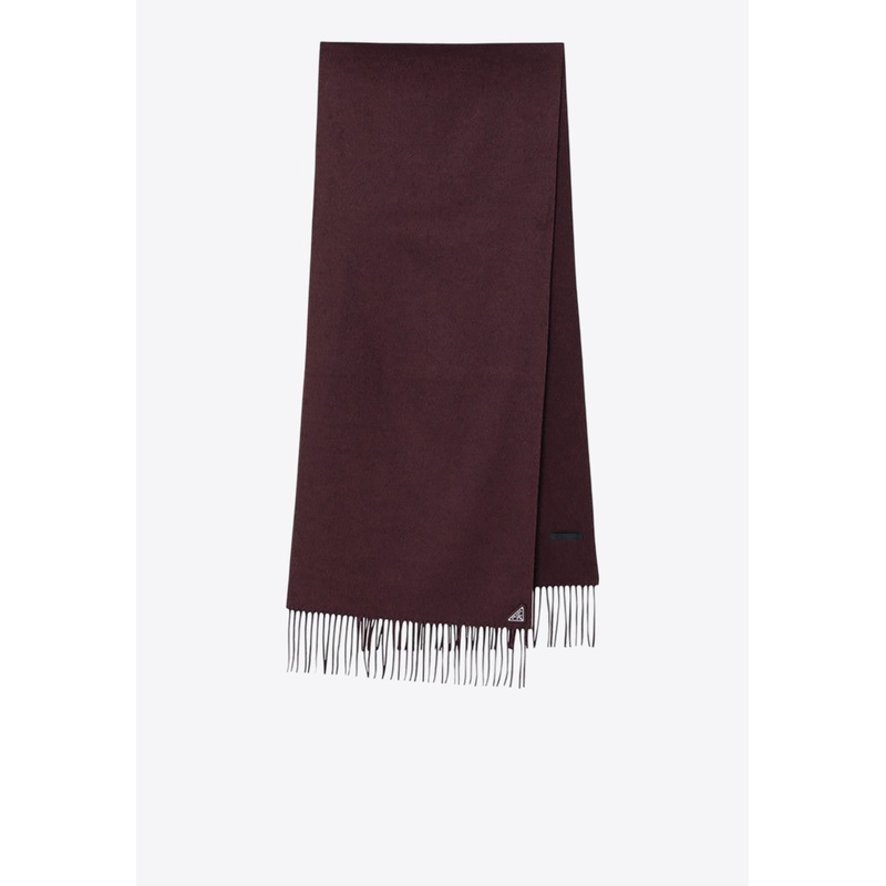 Triangle Logo Silk and Cashmere Fringed Scarf Burgundy Onesize