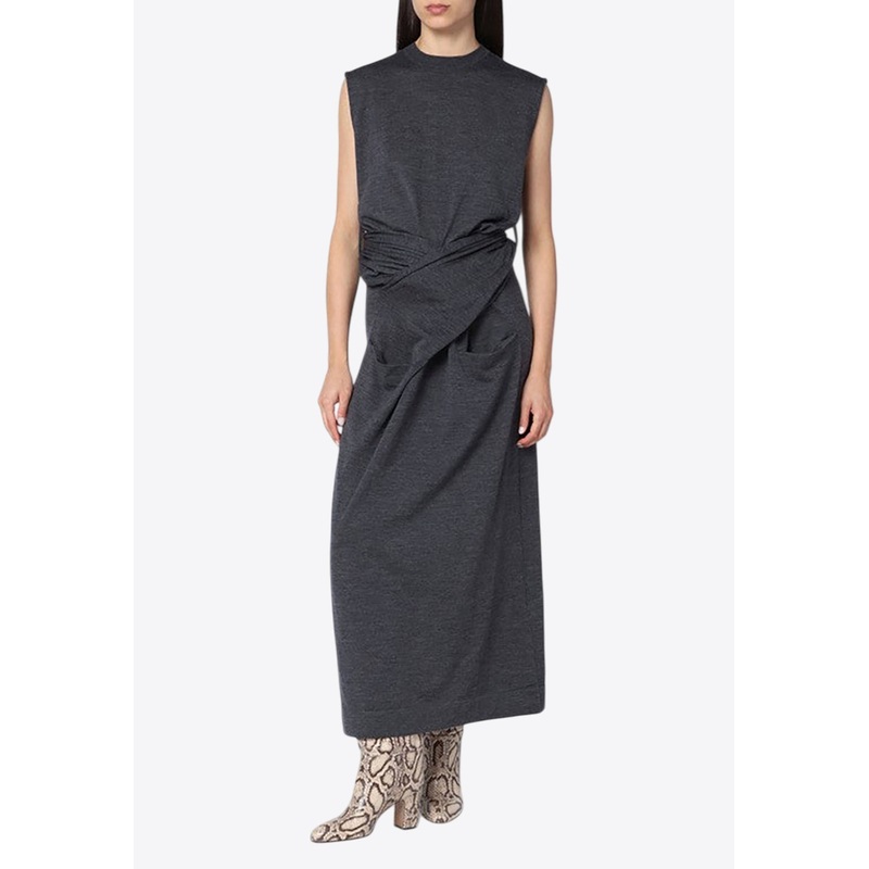 Wool Midi Dress with Crossover-Belt Gray wrtwfr_FR 34