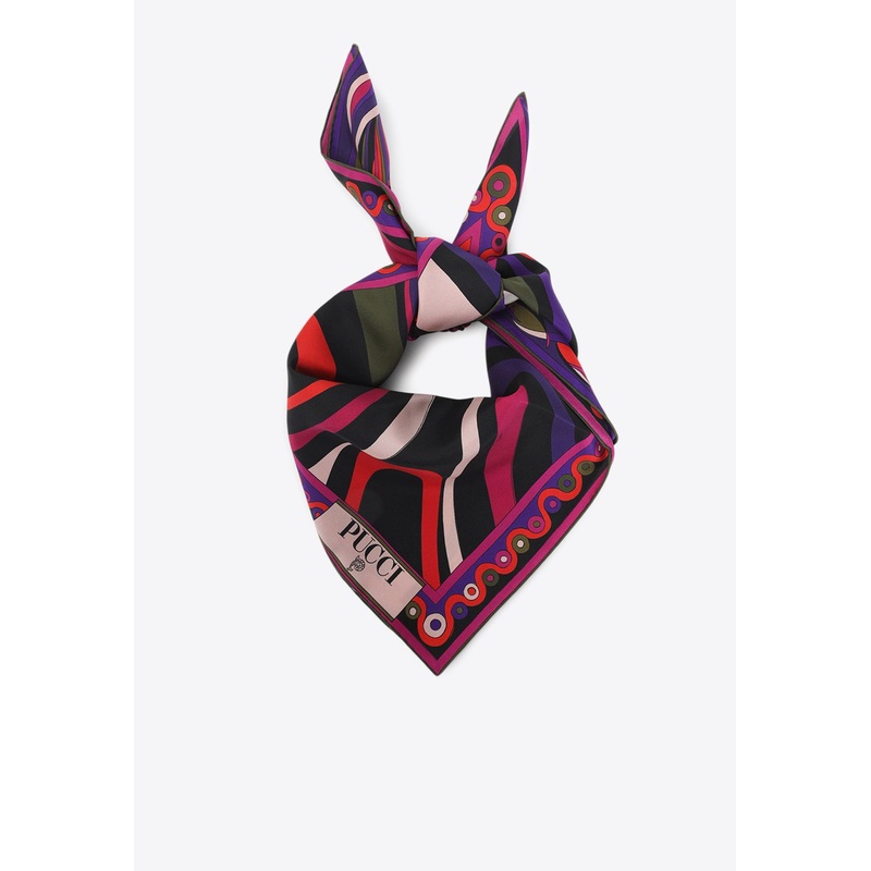 Patterned Silk Scarf with Logo-Print Multicolor Onesize