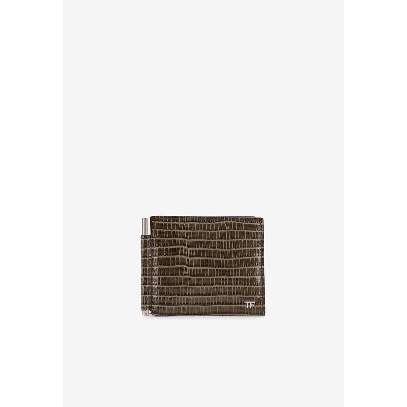 TF Croc-Embossed Leather Bi-Fold Wallet with Money Clip Brown Onesize