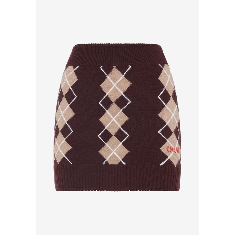Argyle Jacquard Wool Mini Skirt Burgundy wrtwstd_XS