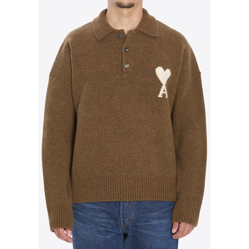 Ami De Coeur Intarsia Knit Alpaca Wool Polo Sweater Brown mrtwstd_S