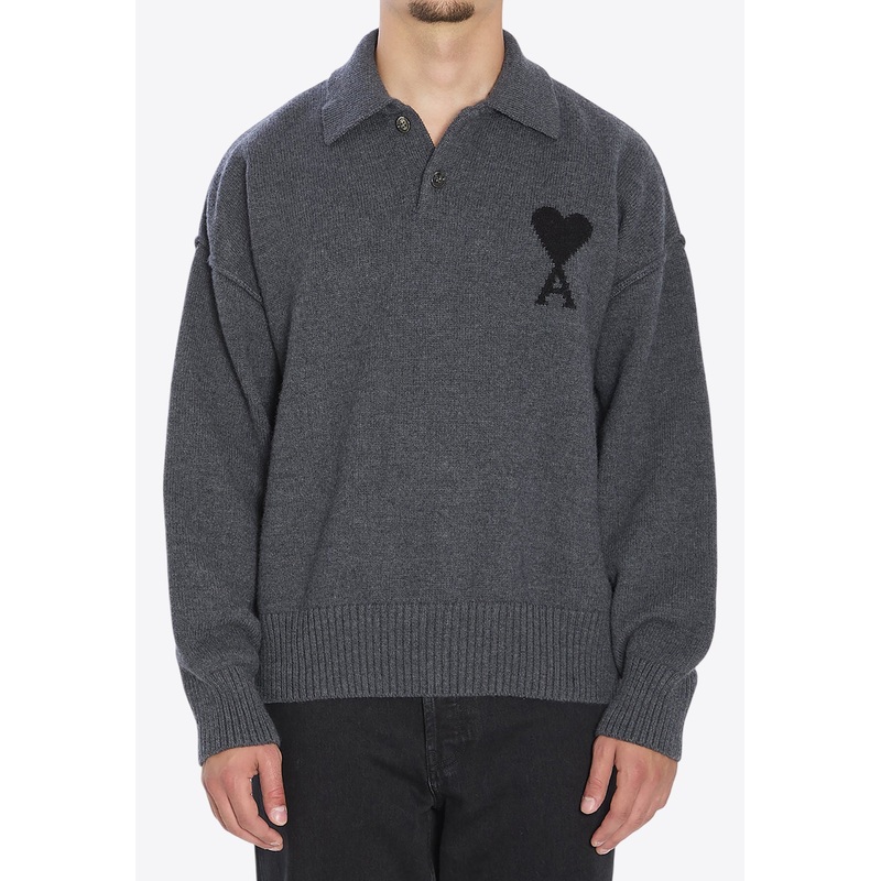 Ami De Coeur Intarsia Knit Wool Polo Sweater Gray mrtwstd_S