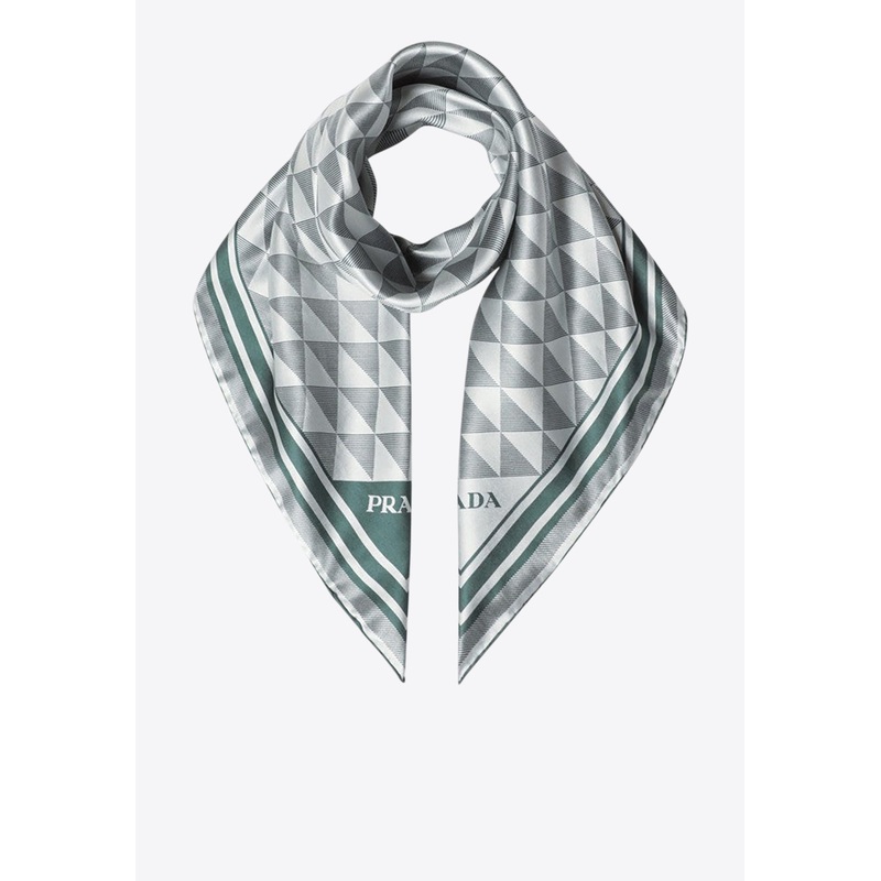 Geometric Print Silk Twill Scarf Green Onesize