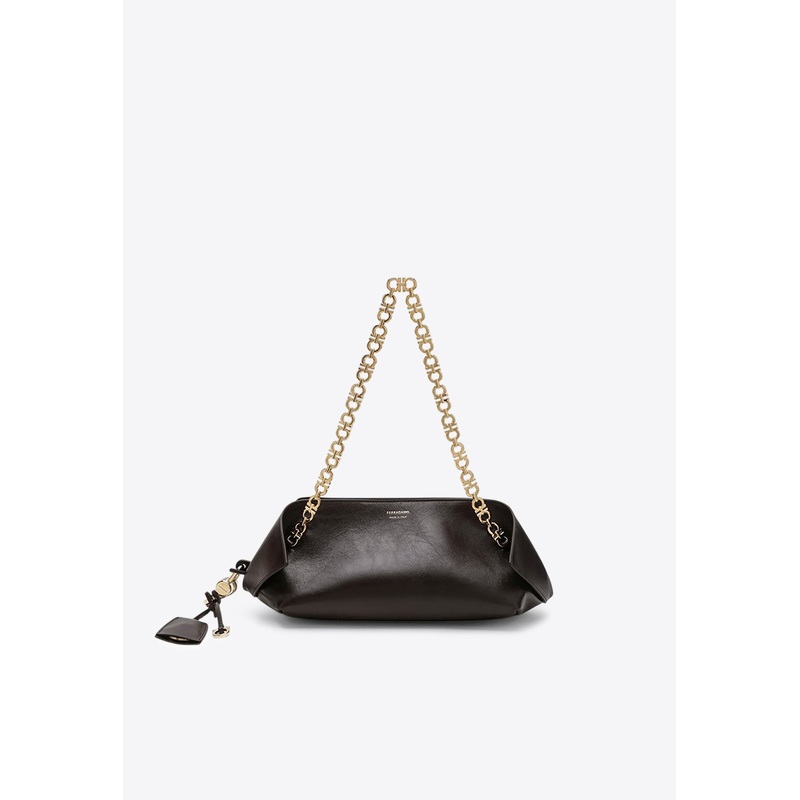 XS Scarf Leather Chain Shoulder Bag Dark Brown Onesize