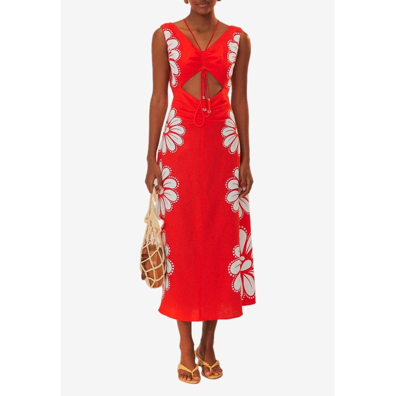 Ainika Cut-Out Floral Midi Dress Red wrtwstd_S
