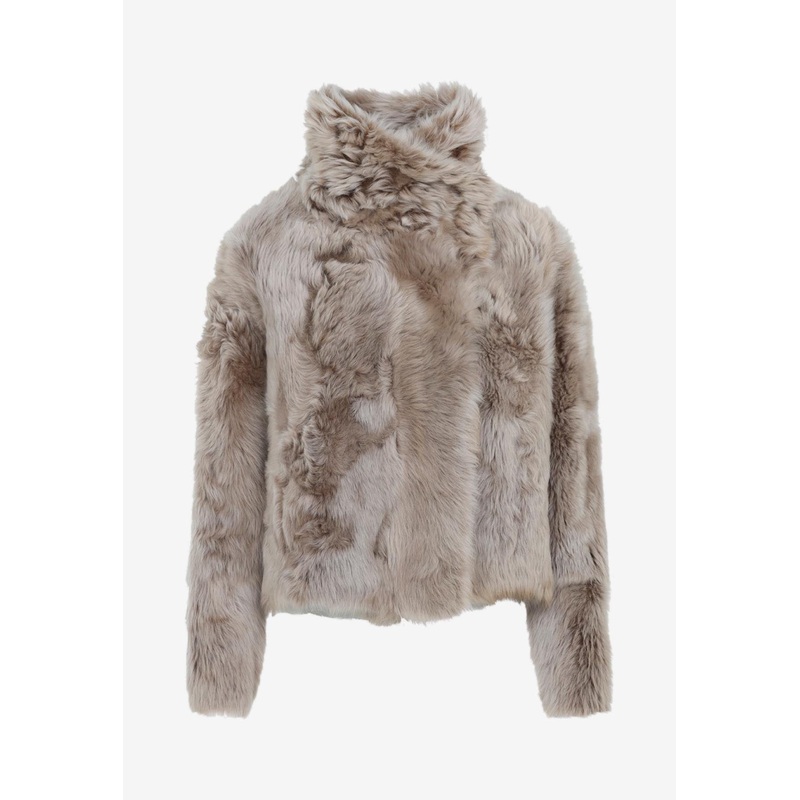 Stand-Collar Wrap Fur Coat Beige wrtwfr_FR 36