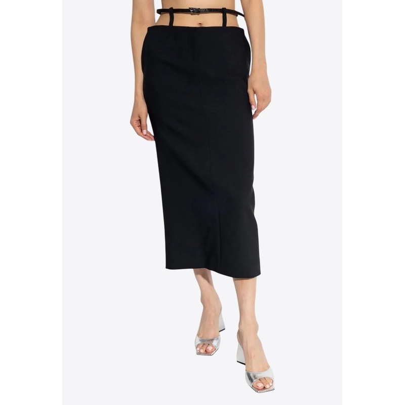 Belted Midi Pencil Skirt Black wrtwuk_UK 8