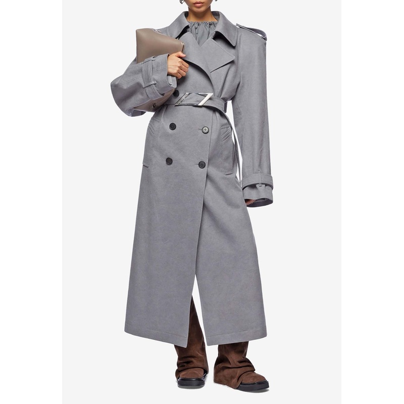 Double-Breasted Belted Trench Coat Gray wrtwuk_UK 8
