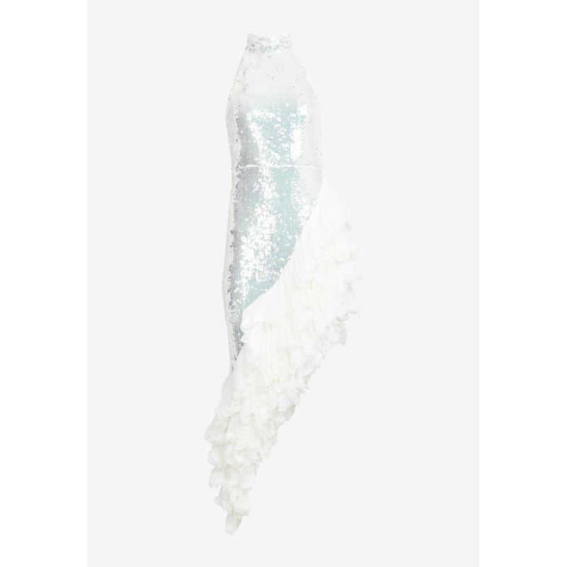 Asymmetric Sequined Midi Ruffle Dress White wrtwuk_UK 8