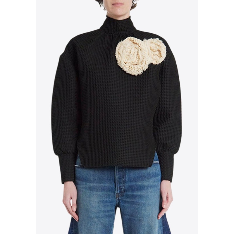 3D Floral Appliqu High-Neck Top Black wrtwfr_FR 36