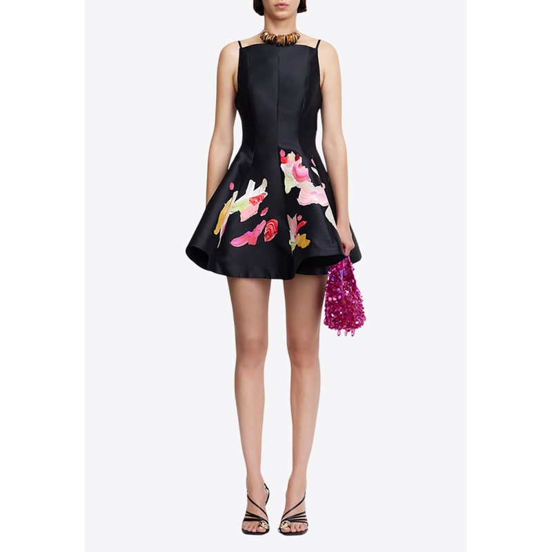 Samstone Abstract Print Flared Mini Dress Black wrtwuk_UK 12