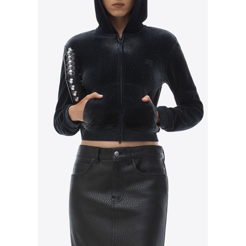 Zip-Up Beaded Cropped Hoodie Black wrtwstd_S