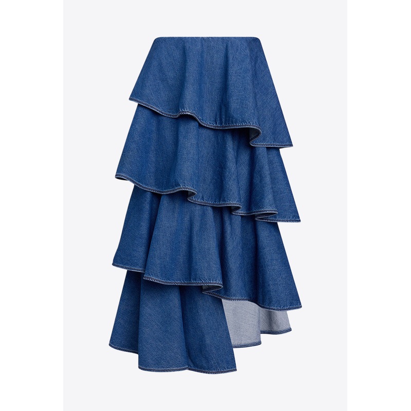 Tiered Ruffled Denim Skirt Blue wrtwfr_FR 36