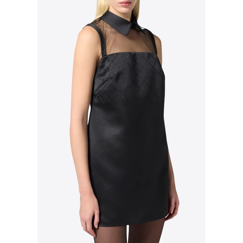 Tulle Yoke Duchesse Satin Mini Dress Black wrtwit_IT 40