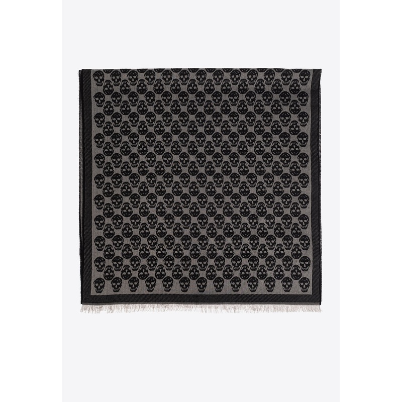 Skull Print Fringed Scarf Black Onesize