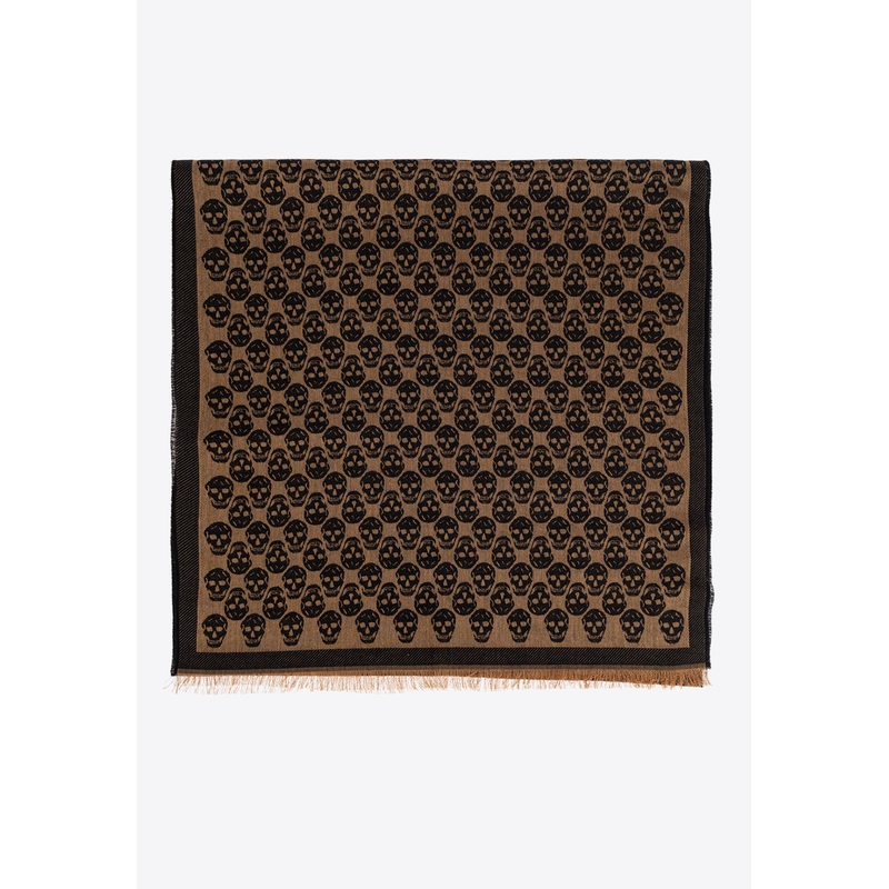 Skull Print Fringed Scarf Brown Onesize