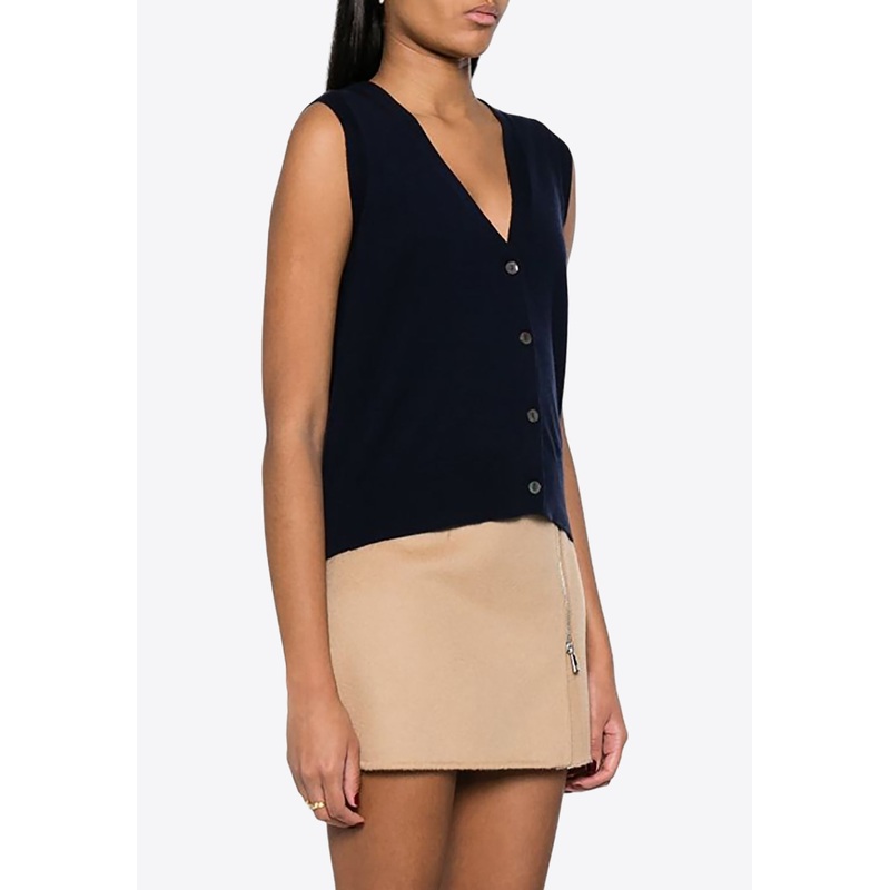 V-neck Fine-Knit Sleeveless Cardigan Blue wrtwstd_XS