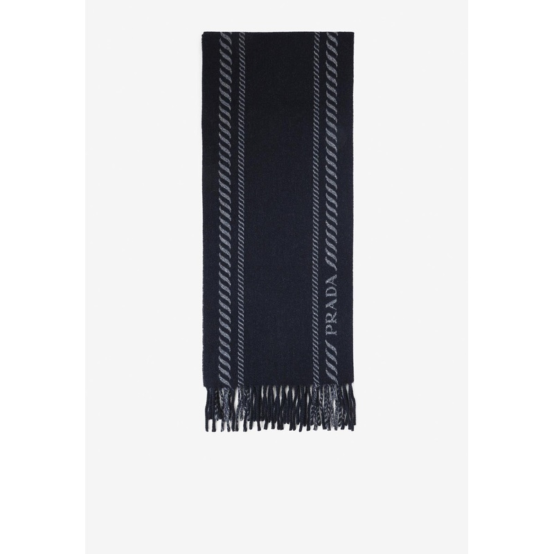 Logo-Jacquard Virgin Wool and Cashmere Scarf Blue Onesize