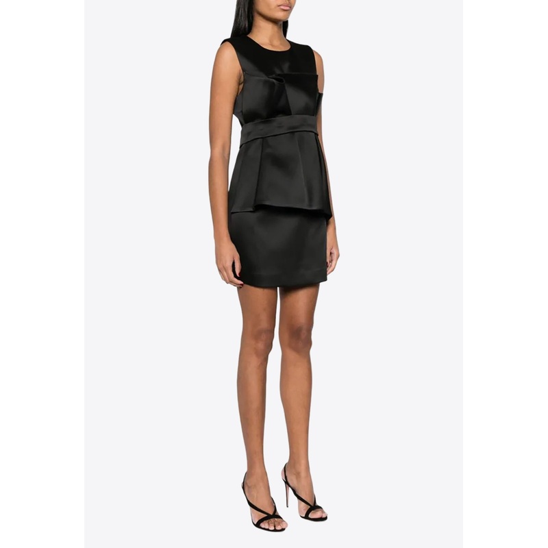 Satin Belted Mini Dress Black wrtwstd_S