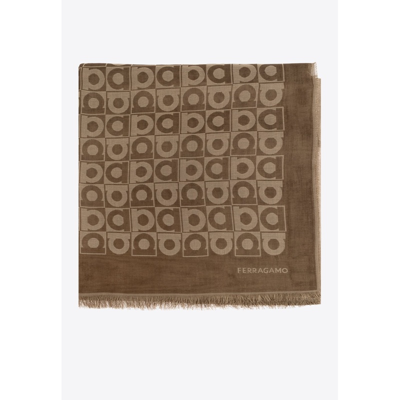 Gancini Monogram Fringed Scarf Beige Onesize