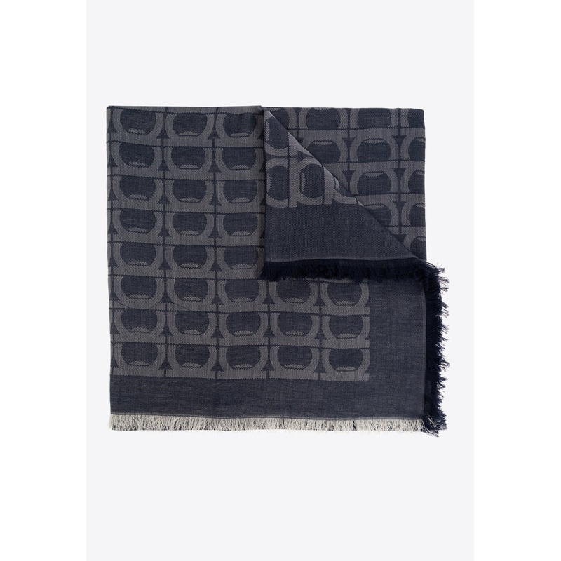 Gancini Pattern Fringed Scarf Navy Onesize