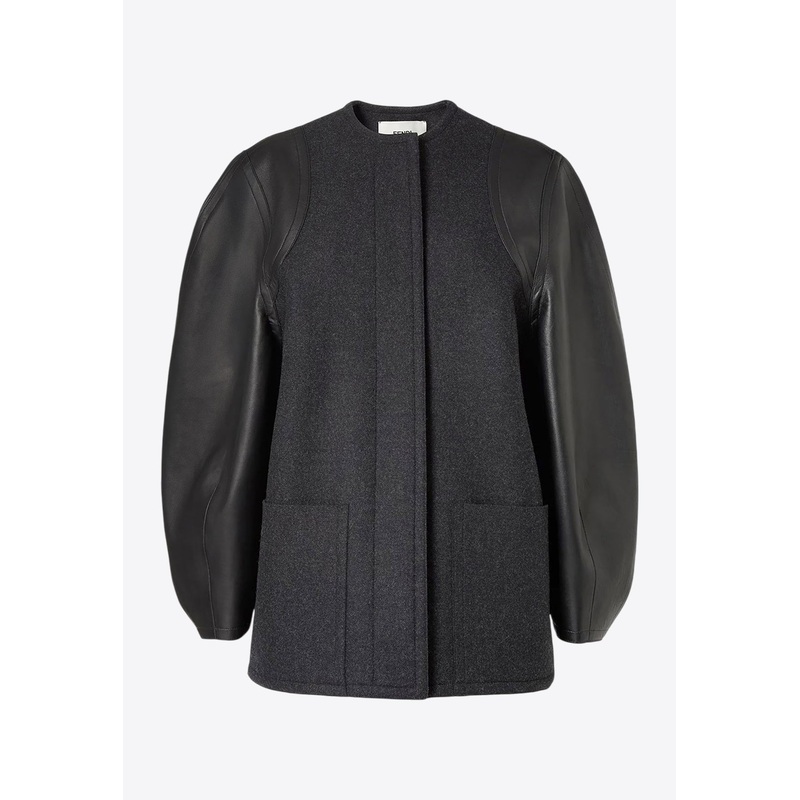 Wool and Leather Paneled Jacket Gray wrtwit_IT 40