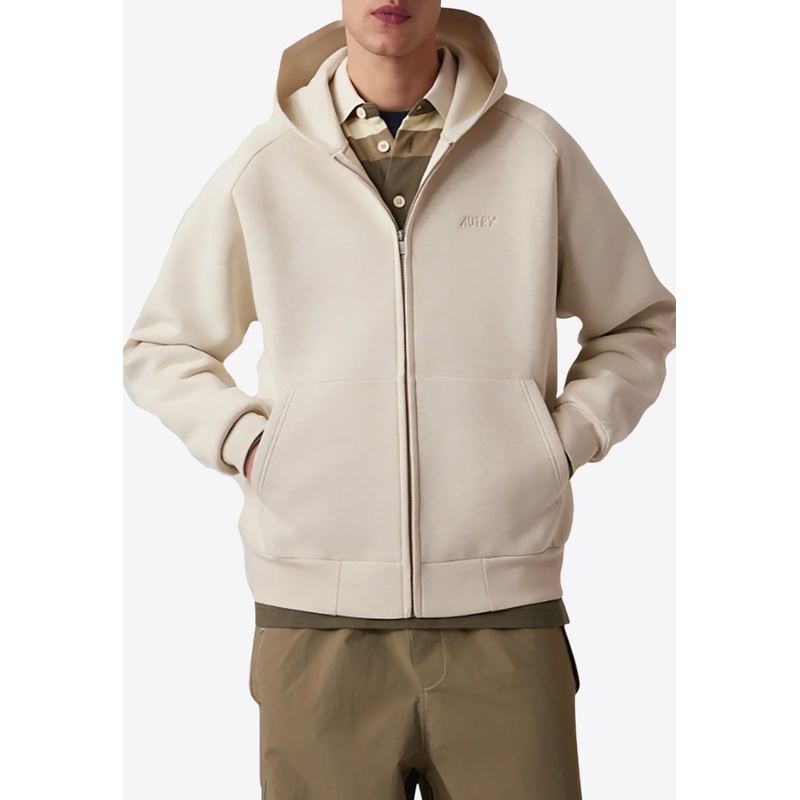Debossed Logo Neoprene Zip-Up Hoodie Cream mrtwstd_XS