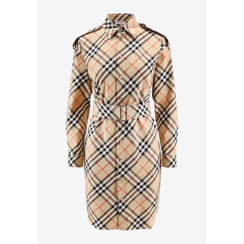 Vintage Check High-Neck Belted Dress Beige wrtwuk_UK 6