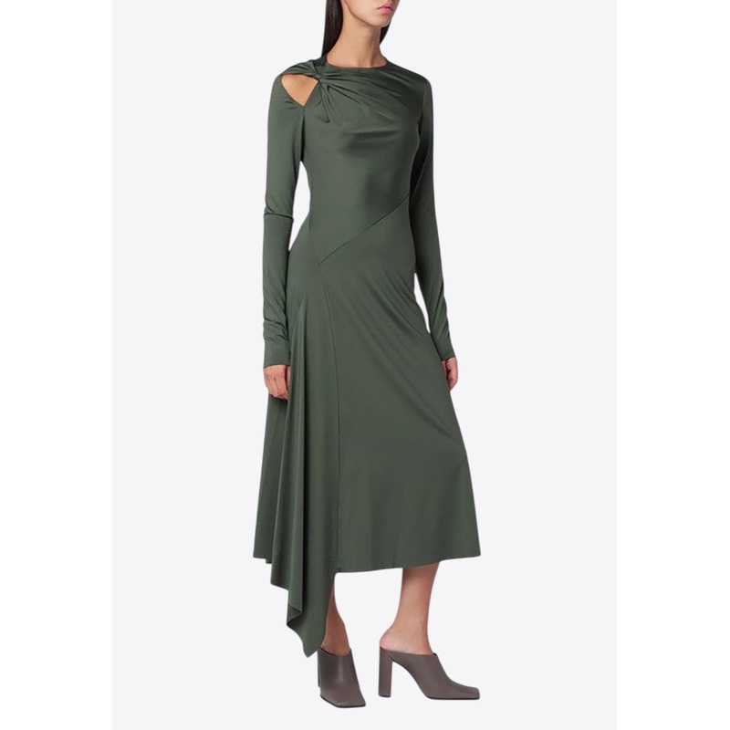 Asymmetric Draped Midi Dress with Cut-Out Green wrtwuk_UK 6