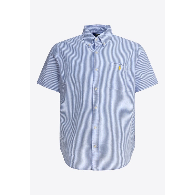 Striped Short-Sleeved Seersucker Shirt Light Blue mrtwstd_S