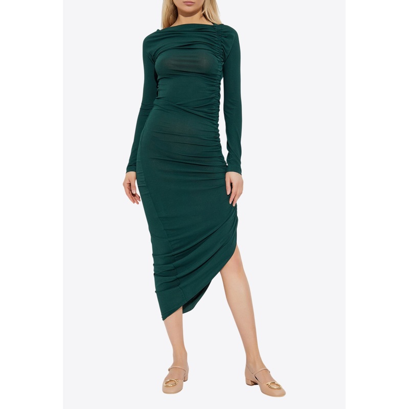Asymmetrical Ruched Midi Dress Green wrtwit_IT 38