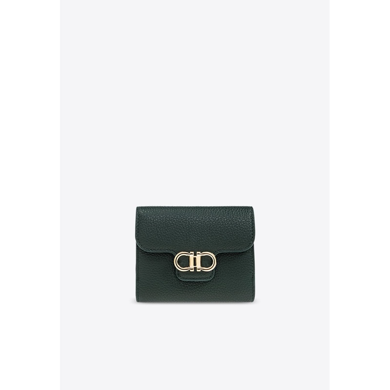 Gancini Grained Leather Compact Wallet Green Onesize
