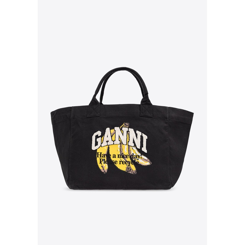 XXL Banana Print Canvas Tote Bag Black Onesize