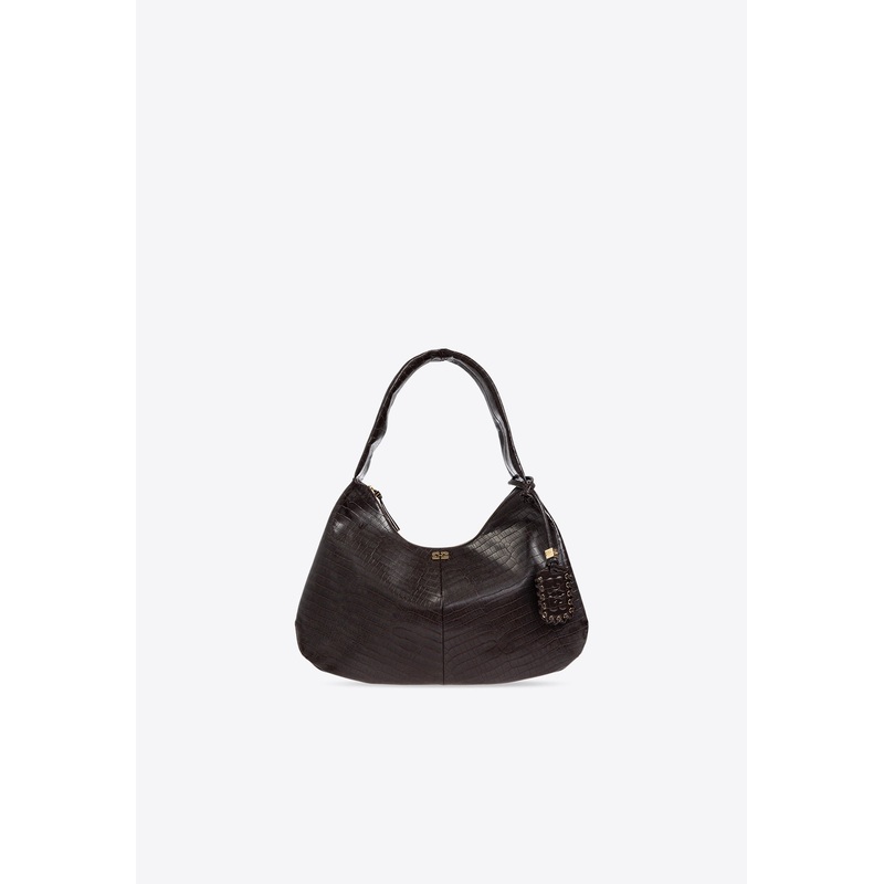 XXL Croc-Embossed Leather Shoulder Bag Brown Onesize